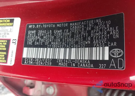 2010 Toyota Corolla S z USA, uszkodzony, nr VIN 2T1BU4EE7AC496432